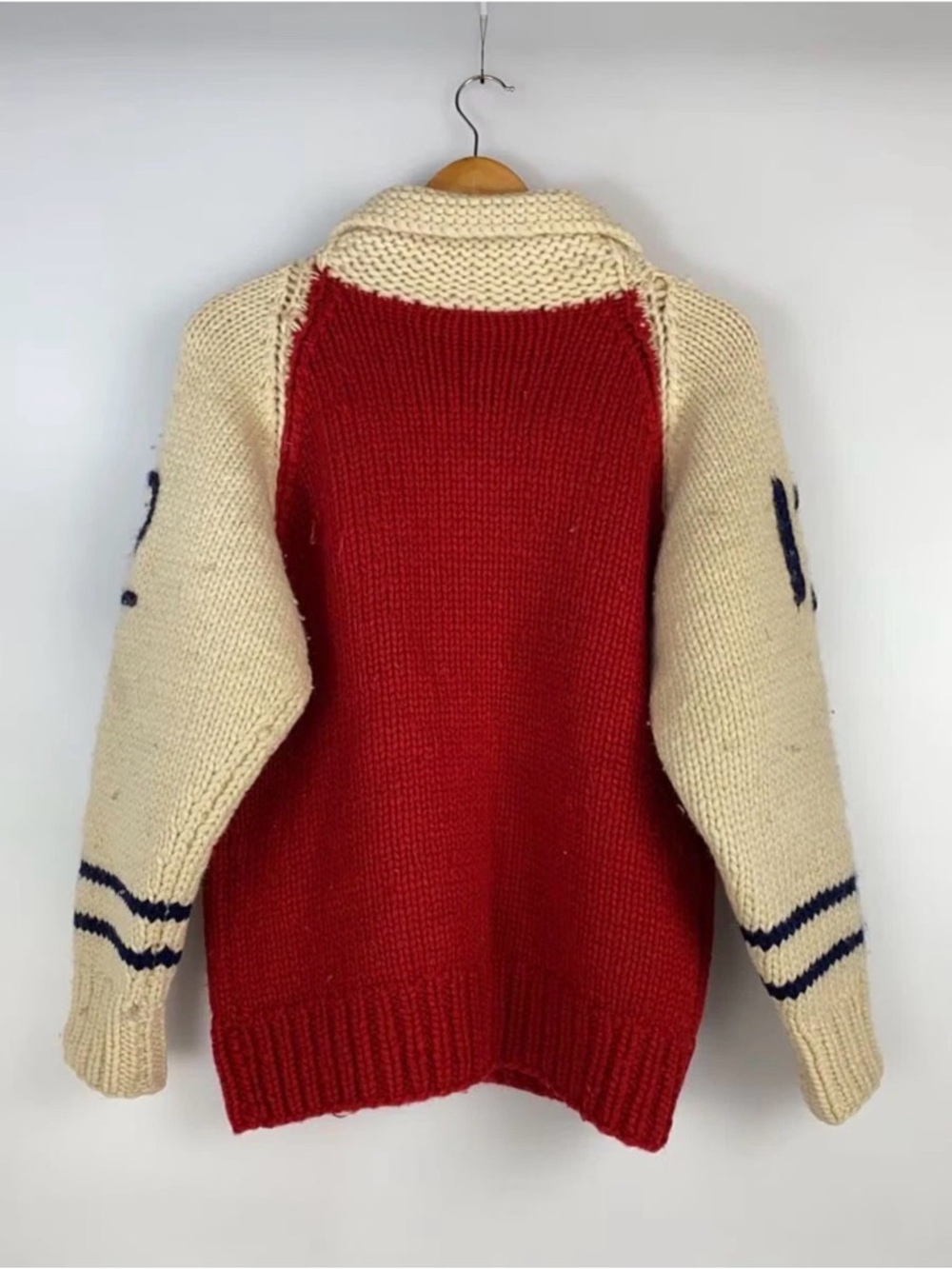 Vintage Red and Cream Zip-Up Shawl Collar Sweater with NY Chest - Picture 2 of 4